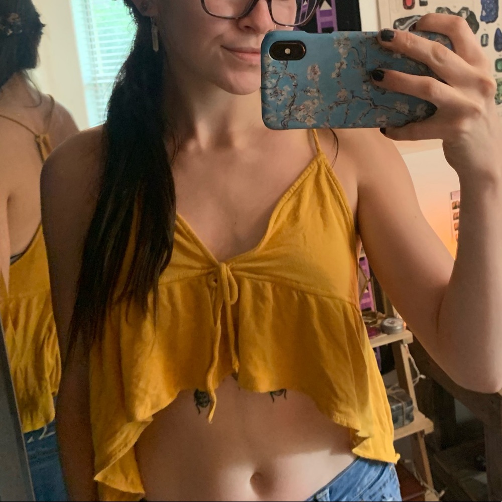 flowy, dainty, mustard yellow crop top